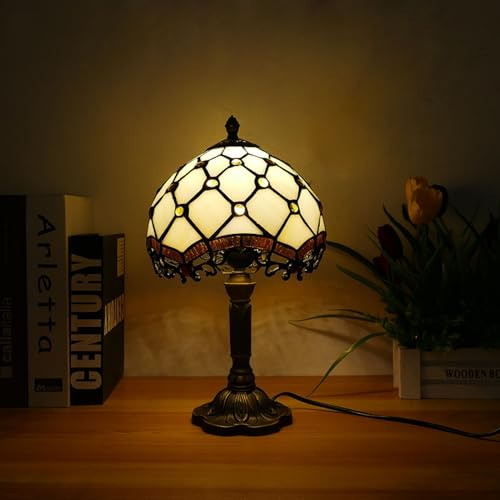 Dihou88 Tiffany Style Table Lamp, Vintage Stained Glass Lamp, Small Reading Light for Bedside Desk Nightstand Bedroom Home Office Decor Gift