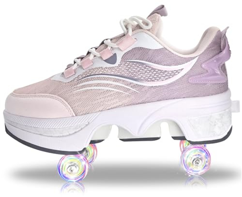 Rullskridskor, skor med hjul, skateboardskor, inline-skridskor, justerbara damskor med hjul för flickor (Pink purple, 38)