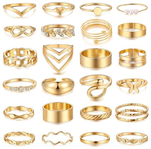 BelleFlair Set de 25 anillos dorados para mujer Vintage conjunto de anillos apilables Anillos gruesos ajustables Accesorios para mujeres y niñas