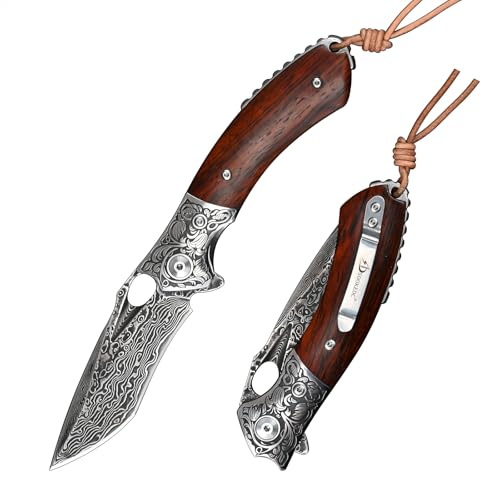SDOKEDC Messer Damast Klappmesser - VG10 Damast Stahl Outdoor Taschenmesser mit Holzgriff, Scharfes EDC Survival Messer für Männer, Camping Angeln Bushcraft Rettungsmesser (SD616DE)