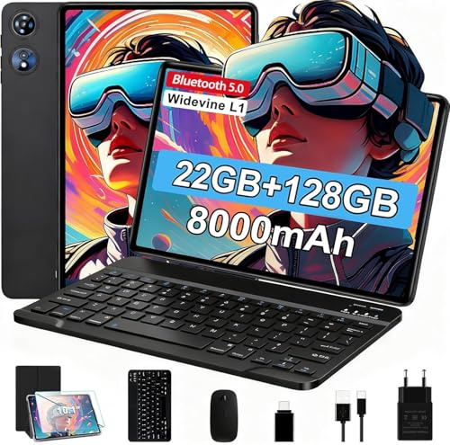 Tablette Android Tablette 10 Pouces 22Go RAM+128Go ROM (Extensible 1To), Octa-Core 2.0 Ghz, WiFi 6/5G/2.4G, Widevine L1, 8000 mAh, 1080P, 5MP + 8MP, Bluetooth 5.0, Tactile, Clavier+Souris et Cas-Noir