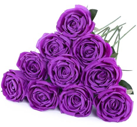 10pcs Artificial Roses Purple Fake Roses for Wedding Bouquets Home Decor | Faux Silk Rose Flowers with 50cm Stem Realistic Fake Roses for Bridal Shower Centerpieces Floral Arrangements, Party Decor