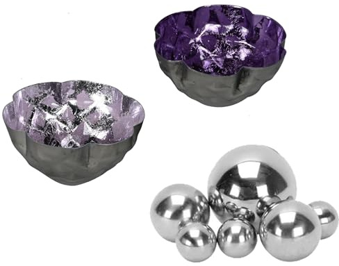 8tlg. Miniteich Deko Set lila - 2 Schwimmschalen für Teelichter 8cm und 6 Edelstahl Schwimmkugeln silber - Teichdeko schwimmend für Balkonteich, Zinkwanne und Glasschale