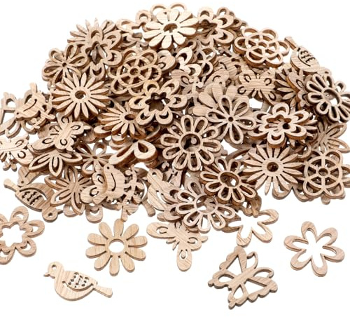 100 Stück Holz Streudeko Holz Schmetterlinge Blumen Vögel Deko Holzkonfetti zum Basteln Holzblumen Dekoration für Tischdeko DIY Handwerk Scrapbooking Verzierungen Hochzeit Weihnachten Geburtstag