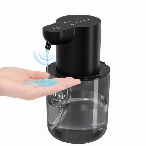 Automatischer Seifenspender 400ml Schwarz, Elektrischer Sensor Spender für Flüssigseife & Spülmittel, USB Wiederaufladbar, 4 Stufen No Touch mit 2X Wandmontage ohne Bohren, Bad & Küche