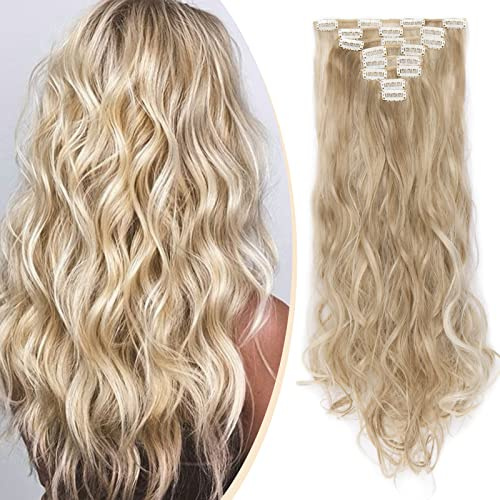 Clip in Extensions Haarteile 8 Tresssen 18 Clips für Komplette Haarverlängerung Gewellt Haarextensions wie Echthaar 60cm Sandy Blond & Bleichblond