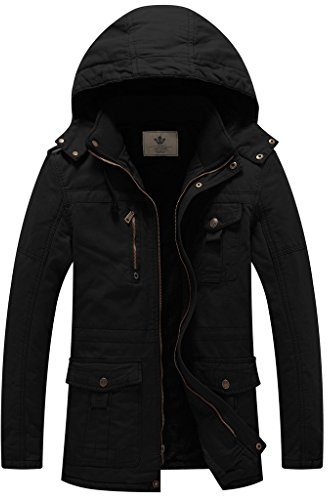 WenVen Men’s Winter Warm Parka Jacket Thickened Fleeced Lining Coat Windprooof Hooded Jackets Quilted Cotton Padding Mid-Length Casual Outerwear Coats Black M