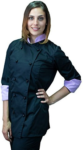 tessile astorino Kostenlose Stickerei – Kochjacke für die Küche – Chef Kasack für Damen – Schwarz und Lila – Made in Italy, Schwarz mit lila Profilen, S