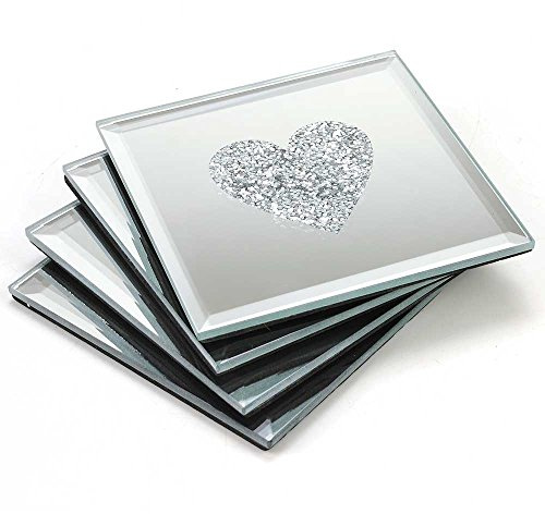 Angraves Lustre Love Heart Silver Sparkle Glitter Mirrored Glass Coaster Set of 4