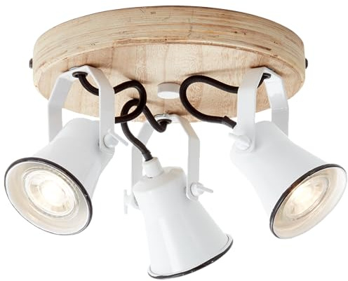 Lightbox 3 flammiger Deckenstrahler - dekoratives Spotrondell im Landhaus Design - Köpfe sind schwenkbar - Metall/Kiefern-Holz in Weiß/Braun