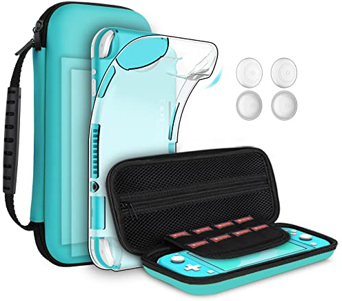 GeeRic 8pcs Custodia Compatibile per Switch Lite, 2pcs Vetro Temperato + Cover + 4 Thumb Grips + Borsa +Accessori 8 in 1 Kit Compatibile con Switch Lite