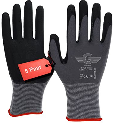 GUARD 5 - Nylonhandschuhe - 5 Paar Gr.7 - Nyloflex Arbeitshandschuhe - Damen & Herren - beschichtete Bauhandschuhe Arbeitshandschuhe Schutzhandschuhe Montagehandschuhe | EN 388