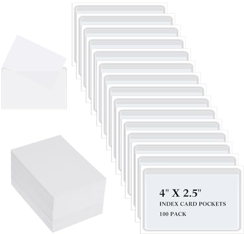 Outus 100 Pcs Adhesive Pockets with 100 Pieces Blank Business Cards Cardstock, Index Card Holder Clear Storage Label Holder for Organizing Bins Box Drawer