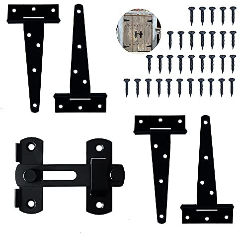 Onefeart 4 Stück T-Scharnier, gartentür scharniere, türbänder schwarz mit 1pcs Türriegel Schwarz Verzinkt für Schranktüren Gartentüren(5 zoll)