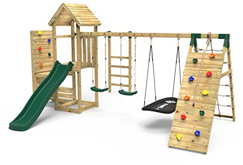 Rebo® Wooden Climbing Frame with Vertical Rock Wall, Swing Set and Slide - Pyrennes+ | Outdoor Toys | Sturdy Wooden Construction, Pressure Treated Timber