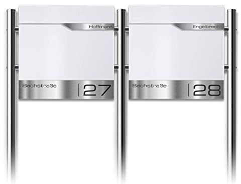 Metzler Standbriefkasten für Mehrfamilienhaus 2er in Verkehrsweiß RAL 9016 – Freistehender Doppelbriefkasten für 2 Familienhaus mit Zeitungsfach und Edelstahl Standfüße –Lesergravur – Modell Siebert