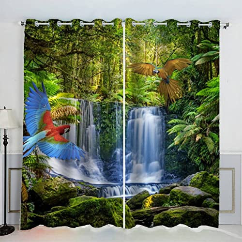 SUBIKA Verdunkelungsvorhänge 110x95（2x55x95） Wasserfall Vorhänge aus Polyester Perforierte mit 3D-Digitaldruck Landschaft Wald Grün Vorhang für Wohnkultur für Zimmer/Büro Schlafzimmer