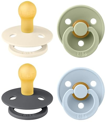BIBS Colour Schnuller, 0-6 Monate, 4er-Pack, Runder Sauger, Iron Mix | Naturkautschuklatex | Größe 1 | BPA-frei | Hergestellt in Dänemark | Hohe Akzeptanz | Luftlöcher | Komfortschild