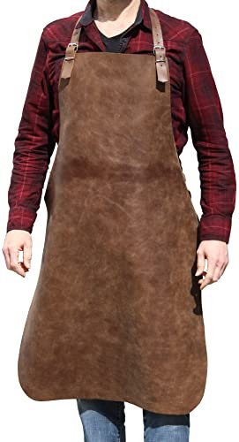 Förster-Fellnest Kräftige Schweißerschürze aus echtem Leder, als Arbeitsschürze, Schmiedeschürze, Tischlerschürze - Rindleder in braun/cognac - Antikleder