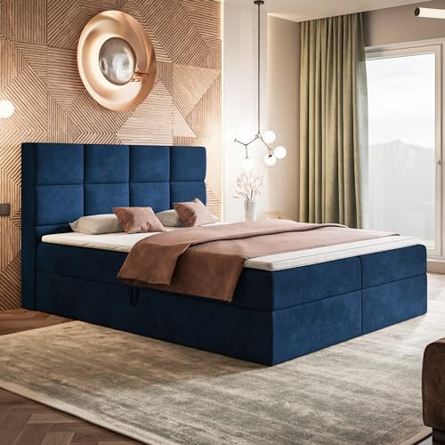 MOTIVENA Alpha Boxspringbett 120x200 mit Bettkasten und Topper, Polsterbett 120x200 mit Bettkasten, Bonellfederkern-Matratze (H4), T28 Komfortschaumstoff Topper (H3), Samt, Blau (Dunkelblau)