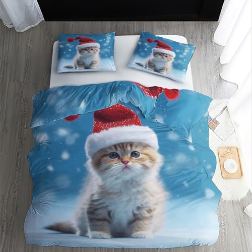 WQIZXCW Weihnachts Katzen Bettwäsche 135x200, Weihnachten Katzenmotiv Wendebettwäsche, 110gsm Microfaser Bettbezug Set 2 Teilig, Weich & Kuschelig & Bügelfrei, 1 Kissenbezug 80x80, mit Reißverschluss