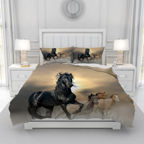 Gegeryozer Set di Biancheria da Letto Cavalli 220×240cm,Copripiumino con Motivo Cavallo,Copripiumino per Bambini in Microfibra con due Federe 50 x 75 cm(H4)