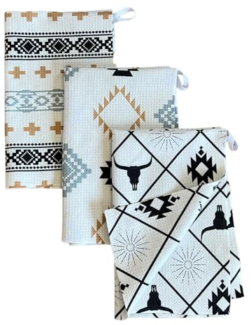 Desert Aqua || 3 Pack|| Double Sided || Not Your Ordinary Dish Towels || Waffle Weave Microfiber|| Highly Absorbent || Hanging Loop || Dish Cloths || Modern || Designer Prints (Aztec)