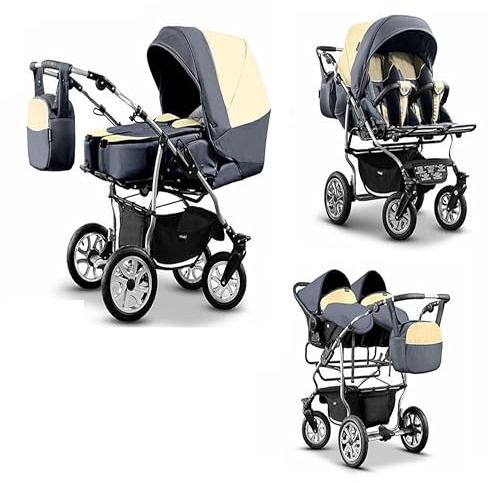 Elcar Zwillingskinderwagen 4 in 1 City Twin inkl. Autositze - 15 Teile - in Creme-Grau