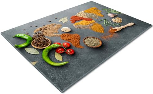 Glass Chopping Board 50 x 40 | Kitchen Worktop Protector | Multifunctional Cutting Board | Work Top Savers | Kitchen Accessories | Extra Large | Spice World Map with Veg