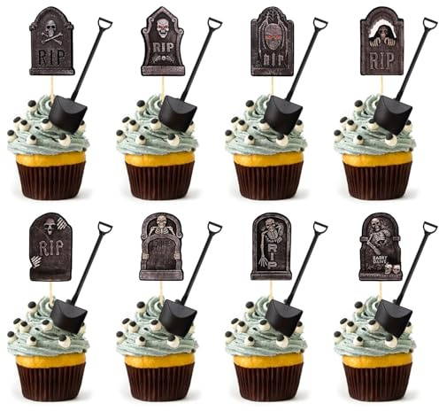 32stk Halloween-Cupcake-Topper Kuchendekorationen mit 32stk Löffeln, Grabstein-Cupcake-Topper Halloween-Kuchentopper Kuchendekorationen für Geburtstagsparty-Dekorationszubehör