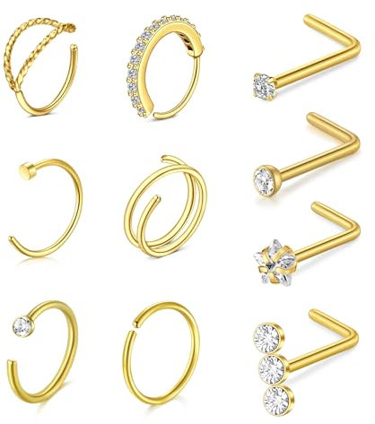 AVYRING 20G Nasenstecker, L-förmige Schrauben mit Diamant, Edelstahl Gold Nasenringe Set mit CZ für Damen und Herren, Packung mit 10 Stück