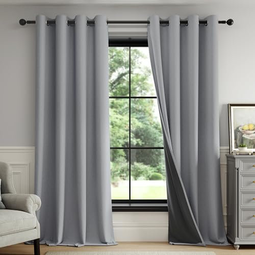 Fmfunctex Dark Grey Blackout Curtains for Living Room 90 Inch Drop Geometric Weave Textured Eyelet Curtains for Bedroom Thermal Insulated Window Curtain Drapes 2 Panels