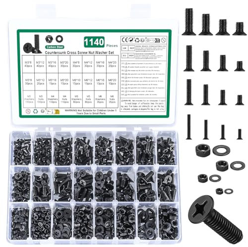 1140 Pcs M3 M4 M5 M6 Screws Set, Countersunk Bolts and Nuts Set, Flat Head Machine Screw Nut and Bolt with Washers, Cross Head screws bolts and nuts Assortment Kit(M3 M4 M5 M6, Black)