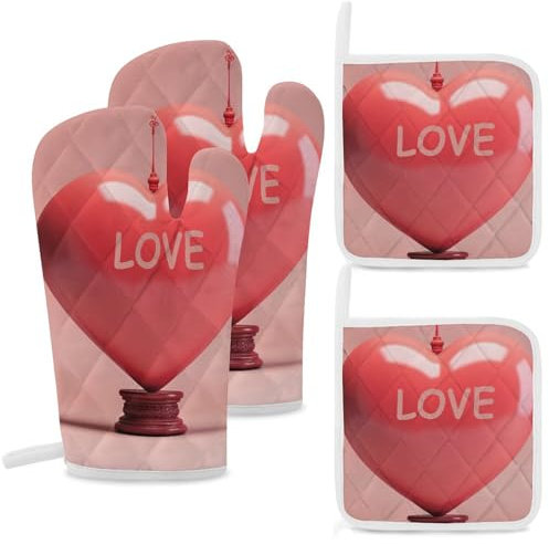 Set di 4 guanti da forno e presine con stampa a cuore, resistenti al calore, guanti da forno extra lunghi e cuscinetti caldi, guanti da cucina antiscivolo, in poliestere, per cucina, grigliare,