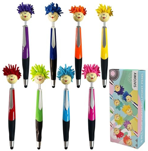 AWOJVIS Pens,ballpoint pen,8pcs Mop Head Ballpoint Pens, Funny Mophea Topper Pen with Plush Hair Writing Click Pen Portable Cute Cartoon Multi-function Signing Pens Decor Gift for Office Home Adultes