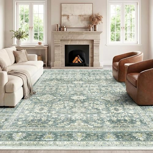 HOMFINE Grün Vintage Teppich Wohnzimmer 300x400 cm Waschbarer Kurzflor Boho Teppiche Weich rutschfest Groß Retro Rugs for Living Room Carpet for Schlafzimmer Esszimmer Küche