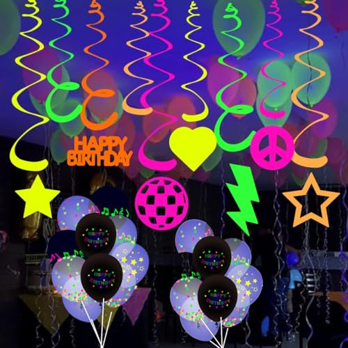 KARLOR Schwarzlicht Party Deko, 10 Spiral Deko/10 UV Runde Deko, Neon leuchtend Paper Girlanden unter UV Licht, Glow Party Deko Geburtstag Zubehör Disco Girlande