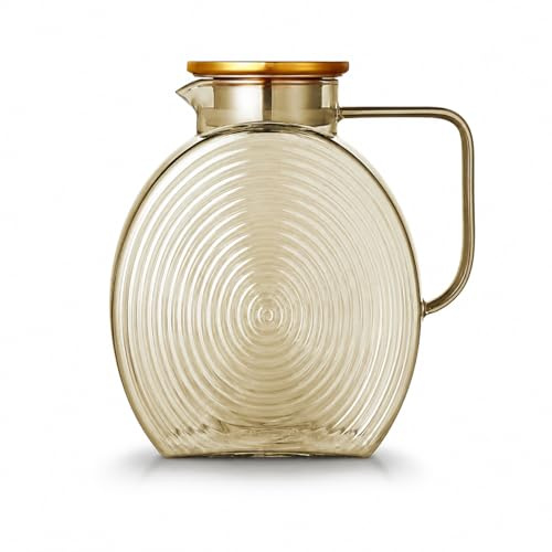 Charbrew 2.5L Borosilicate Gold Glass Pitcher with Lid - Ribbed Jug for Water, Juice, Iced Tea, Cold Brew & Cocktails - Fridge Door Friendly Carafe with Handle (Serves 10 Cups)
