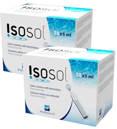 Isosol VitaResearch 30 x 5 ml - Pack de 2 Cajas - Solución Salina Estéril con Electrolitos para Lentes de Contacto y Lavado Ocular - Sin Conservantes, Enriquecida con Minerales Esenciales