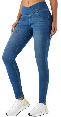 LaiEr Mujer Skinny Jeans V Cruzada de Cintura Alta Barriga Casual Fitness Leggings, Soft Stretch Casual Faux Denim Print Laterales Adecuado para Deportes y Ocio,con Bolsillos .Azul Medio L