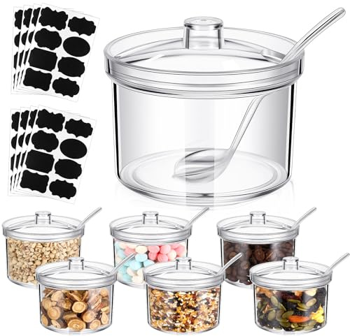 Tioncy 6 Pcs Sugar Bowls with Lid and Spoon Ice Cream Hot Cocoa Chocolate Bar Supplies Acrylic Sugar Jars Candy Dispenser with Tag for Condiment Jars Seasoning Kitchen (13.5 oz,Clear)