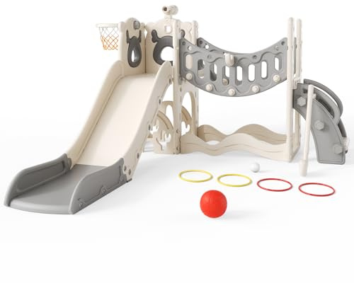 Brolteja Toddler Slide, Elk Theme Toddler Slide with Long Climbing Bridge Corridor,Golf Set, basketball Hoop, Climbing Frames,Baby Slide for Toddlers 1-3 Years Old,In&Outdoor Use (Beige Grey-6 in 1)
