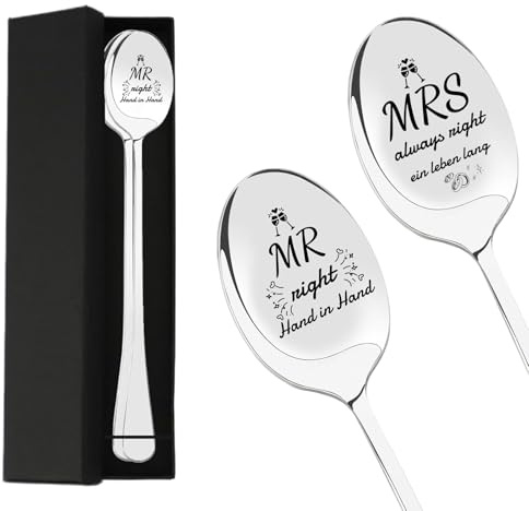 2 Stück Löffel Hochzeitsgeschenke für Brautpaar, Hochzeitsgeschenk Kaffee löffel mit Gravur Mr right & Mrs always right, Silberhochzeit Geschenk & Verlobungsgeschenk, Für Neuverheiratete Paare