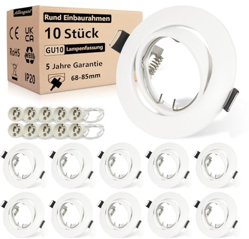 Allesgute 10x Recessed Ceiling Lights Mounting Frame Round Matte White Downlights for Ceiling 360° Tilt Swivel LED Spotlight Fitting 240V incl. GU10 Socket, Cutout Hole: 68-85mm, No Bulbs