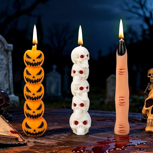 Halloween Duftkerze 3 Stück Gruselige Totenkopf Kürbisse Hexen Simulation Finger Kerze Gruselige Home Deko für Halloween Cosplay Party Gothic Rituale Schreibtisch Fensterbank Terrasse