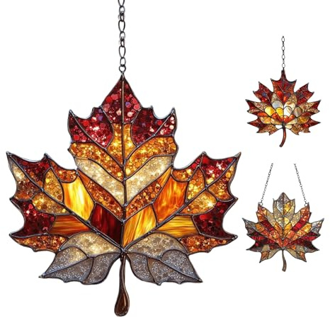Herbstliche Ahornblatt Lichtfänger Deko, 3 Stück Lichtfänger Für Fenster, Ahornblatt Ornament Aus Gebeiztem, 2D Flach Ahornblatts Buntglas Fenster Hängend Herbstdeko, Sonnenfänger Für Hof Und Garten
