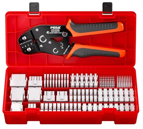 PEBA Crimptång kontaktset, 12 typer mini-Fit Jr. Set med 2–10 poler, 4,2 mm kontakt, minikontakt för hårddiskar, LED och RGB-belysning, med pressare 0,05–1,5 mm², kompatibel Molex, Dupont, KF2510