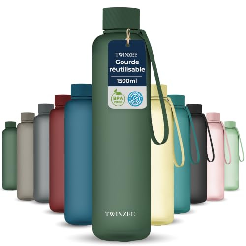 Twinzee Botella Agua 1,5 litro - Sin BPA & Antigoteo, Botella de Agua Deportiva, Oficina, Colegio, Gym, Cantimplora - Tritan Water Bottle, Verde Bosque