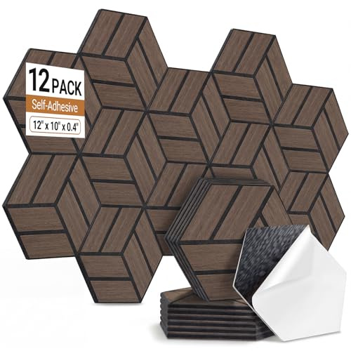 AUSLET 12 Pack Hexagon Acoustic Panels Self-Adhesive, High Density Sound Absorbing Panels for Walls, Soundproofing Foam Panels for Studio, Home Office, Gaming Room, Recording Room（Walnut）