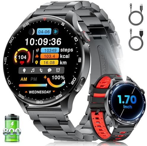 Montre Connectée Homme avec Appel Bluetooth, 1,7 Grande Écran Smartwatch avec Torche LED/800mAh/IP68 Étanche/100+ Modes Sportifs/Fréquence Cardiaque, Sommeil Moniteur pour Android iOS, Noir-Rouge